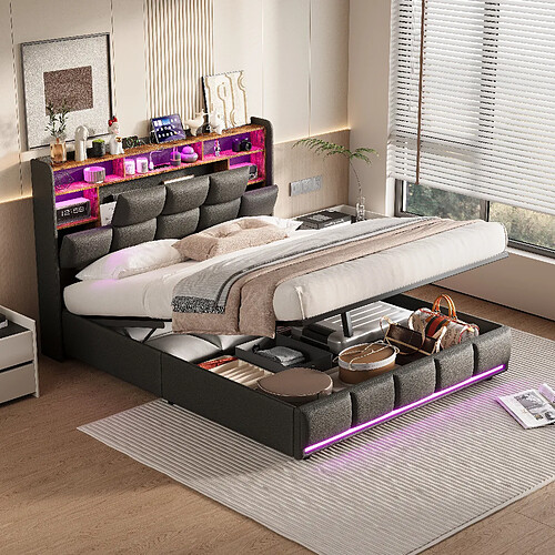 Lit rembourré - Superaly - 160x200cm - avec USB et LED - noir