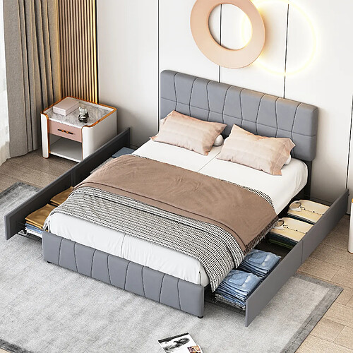 Lit double - Superaly - 160×200cm - avec 4 tiroirs en fer - Tissu Velvet - Gris