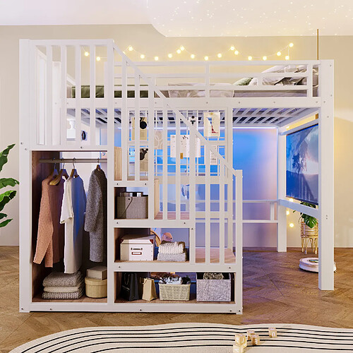 allomn Lit mezzanine métal 140x200 cm - escalier rangement projecteur LED - blanc