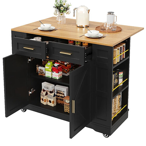 DZMDIP Îlot de buffet cuisine multifonction avec table extensible, rangement, MDF noir