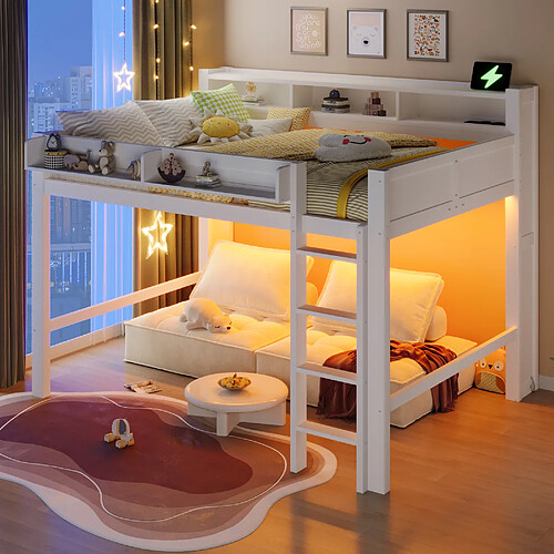allomn Lit mezzanine bois 140x200 cm - niches LED USB rangement - MDF pin blanc