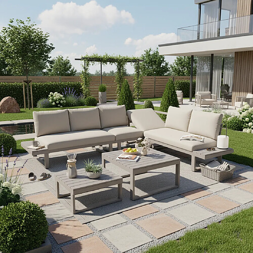MIVRAY Salon de jardin avec canapé modulable dossier inclinable acier galvanisé khaki
