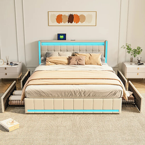 Lit double - Superaly - 140×200cm - avec éclairage LED et 4 tiroirs -Cadre à lamelles-beige