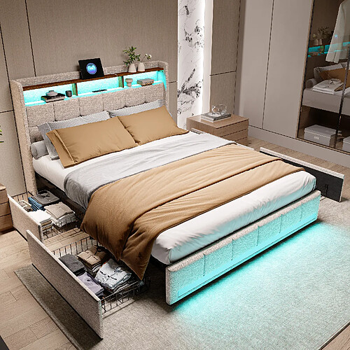 Lit rembourré - Superaly - 140×200cm - avec éclairage LED et 4 tiroirs - Ports USBs - Beige