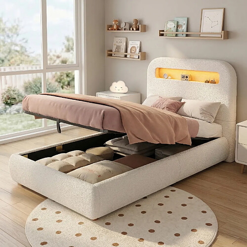 Onever Lit coffre rembourrée 90 x 200 cm- LED- pieds bois massif - bouclé - blanc