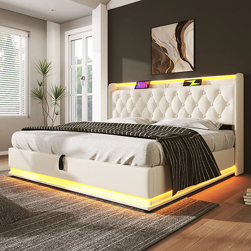 Onever Lit coffre rembourré 140x190 cm - LED 360°- PU blanc