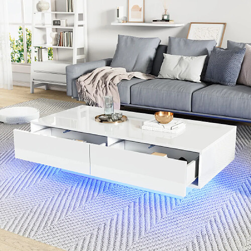 modfu Table basse rectangulaire blanche brillante 115x55 cm avec 2 tiroirs et LED
