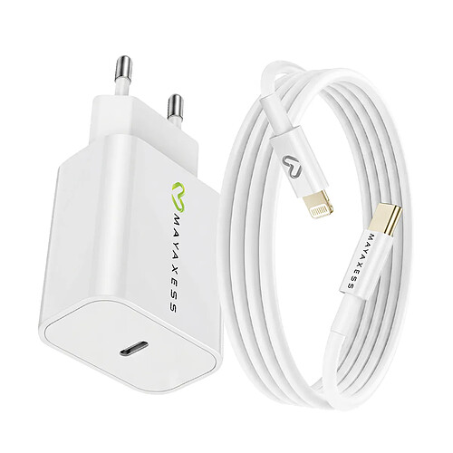 Mayaxess Chargeur Secteur pour iPhone SE 2020 18W + Câble Lightning 1m Blanc