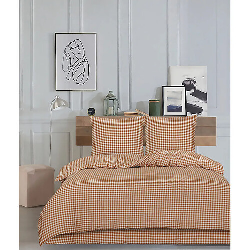 BLANC AVENUE Housse de couette + taie(s) oreiller "Vichy mocca" 100% coton imprimé.