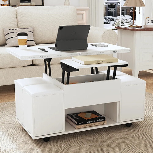 modfu Table basse relevable carrée 100x100 cm avec rangement, blanc