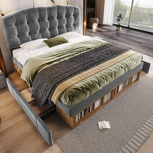 allomn Lit coffre double 140x200 cm - tête réglable 2 tiroirs - velours gris