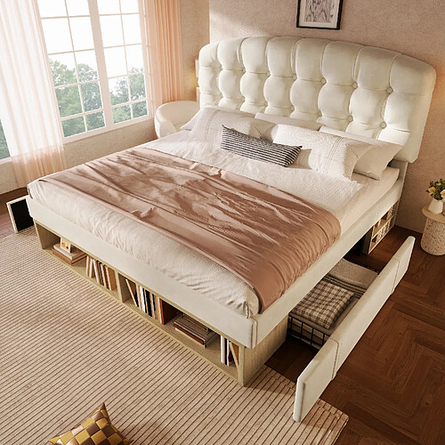 allomn Lit coffre double 140x190 cm - tête réglable 2 tiroirs - velours beige