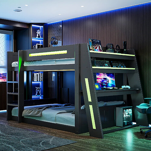 allomn Lit mezzanine gaming 140x200 cm - bureau LED USB rangements - noir vert