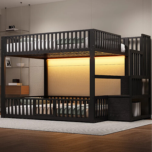 allomn Lit mezzanine double 140x200 cm - rangements LED - noir
