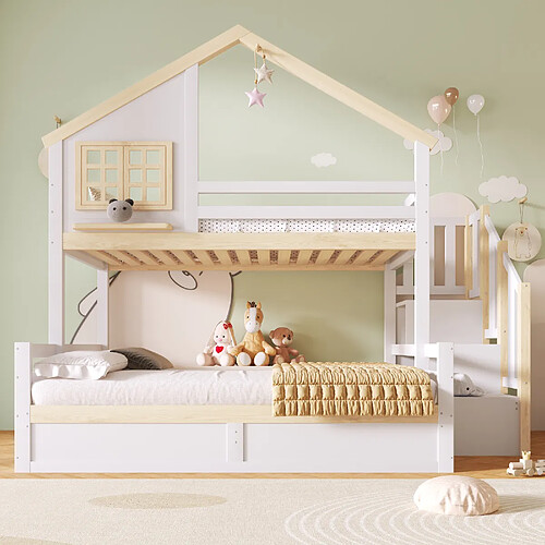 allomn Lit superposé 90x200 + 140x200 cm - échelle rangement grille cabane - bois - blanc naturel