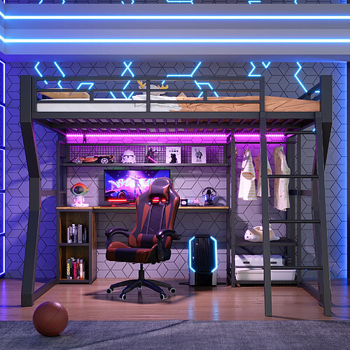 Onever Lit mezzanine 140x200 cm LED - MDF metal - noir