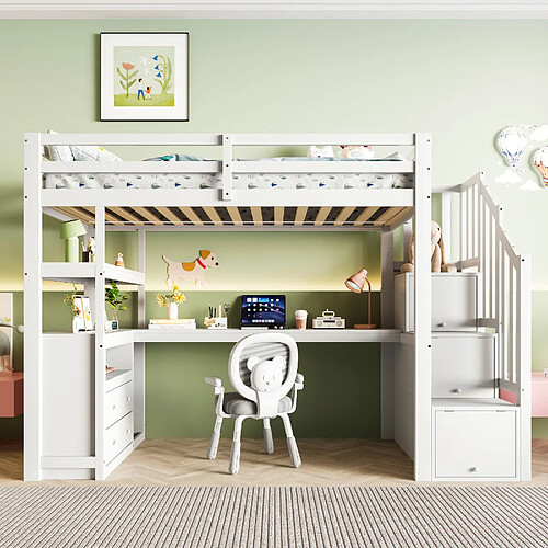 allomn Lit mezzanine 90x200 cm - bureau escalier 2 tiroirs - pin blanc