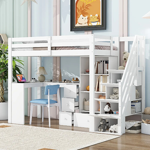 allomn Lit mezzanine 90x200 cm - bureau 3 tiroirs armoire échelle - pin blanc