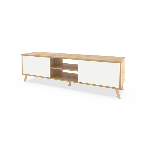 Pegane Meuble TV sur pieds avec 2 portes et 2 étagères coloris Chêne doré/Blanc