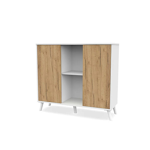 Pegane Buffet meuble de rangement à 2 portes et 2 niches centrales coloris Blanc/chêne