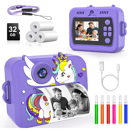 Appareil Photo pour Enfant 2.4 Pouces Carte TF 32Go 2MP 1080P Impression immédiate violet