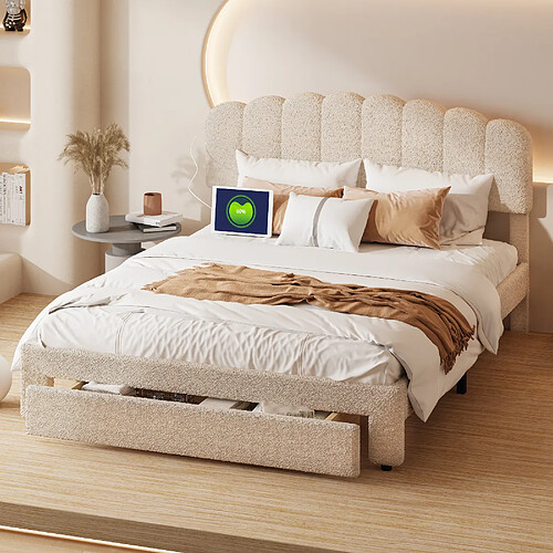 Lit double - Superaly - 160x200cm - avec tiroir et ports USB - Fleece en peluche - Beige