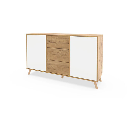 Pegane Commode meuble de rangement 2 portes et 3 tiroirs coloris Chêne doré/Blanc