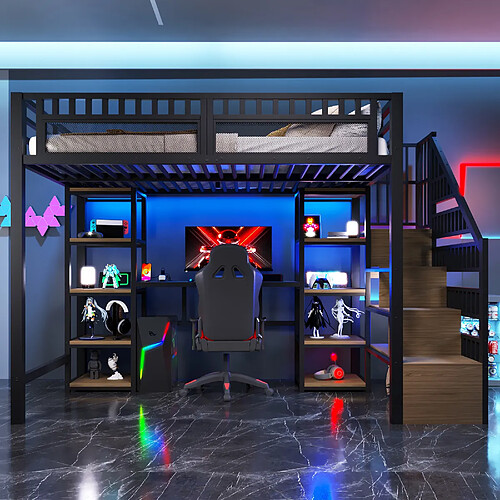 Onever Lit mezzanine 140x200 cm – Bureau LED USB – Métal noir