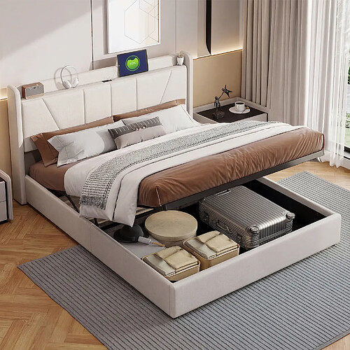 Lit rembourré - Superaly - 160 x 200cm - Avec ports USB - réglage hydraulique - Beige