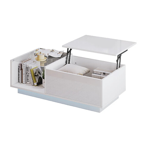 MIVRAY Table basse 100x50x33 cm relevable, LED, panneaux de particules blanc
