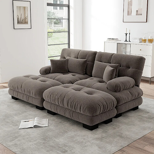 modfu Canapé modulable 2 places, avec 2 ottomans, en chenille, marron