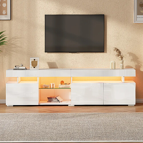 Onever Meuble TV LED 180x35x45 cm - 3 portes niche étagère verre - blanc brillant