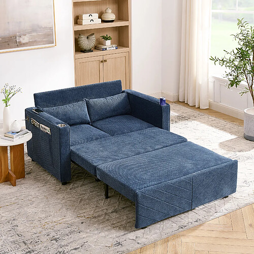 modfu Canapé convertible 2 places, avec ports USB, en tissu, bleu marine