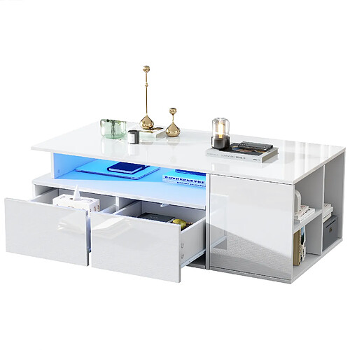 MIVRAY Table basse 100x50x35 cm LED et rangements panneau de particules blanc