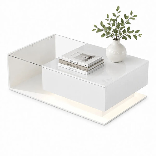 MIVRAY Table basse 100x50x32 cm tiroir intégré LED panneaux de particules blanc