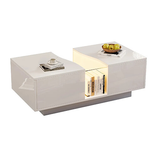 MIVRAY Table basse 100x50x35 cm LED avec 2 tiroirs MDF et acrylique blanc