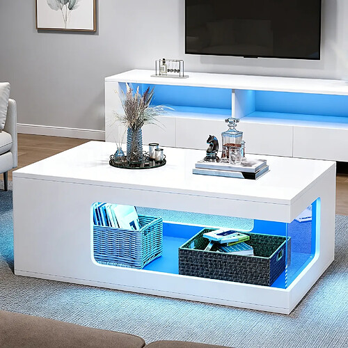 MIVRAY Table basse 100x50x35 cm LED rangement panneaux de particules blanc