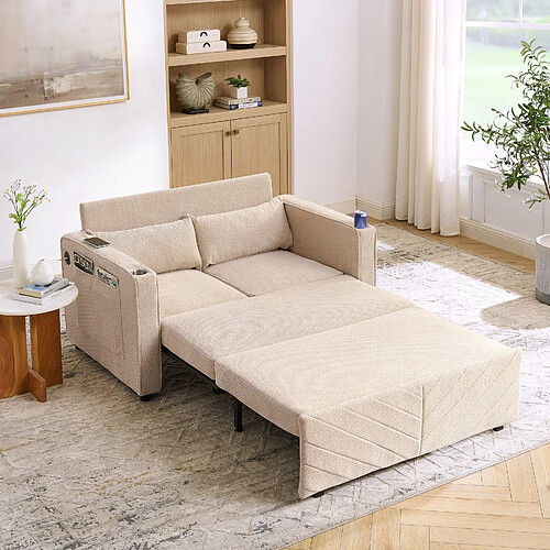 modfu Canapé convertible 2 places avec ports USB, en tissu, beige