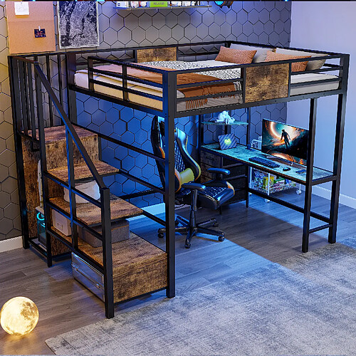 allomn Lit superposé métal 140x200 cm - bureau rangements LED prise EU penderie - Blanc