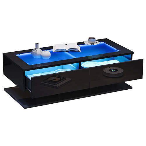 MIVRAY Table Basse 100x50x35 Cm Avec LED, Plateau En Verre Et 2 Tiroirs, Panneaux Particules, Noir