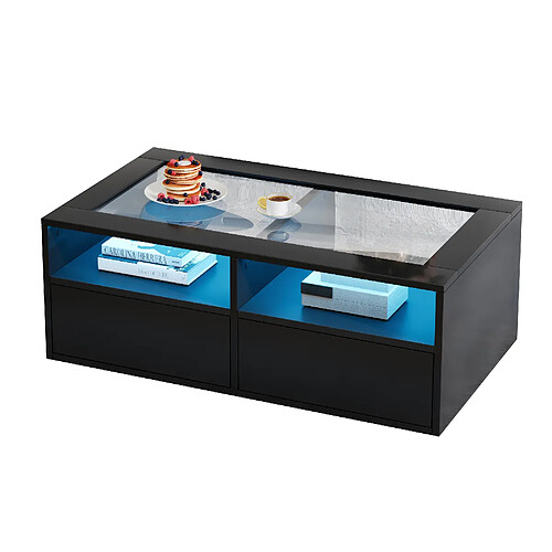 MIVRAY Table basse 100x50x35 cm LED, 2 tiroirs verre et panneaux de particules noir