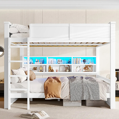 allomn Lit superposé 160x200 cm - 6 niches rangement LED - pin MDF blanc
