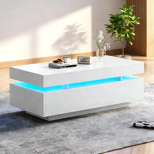MIVRAY Table basse 100x50x35 cm 2 tiroirs LED panneau de particules blanc