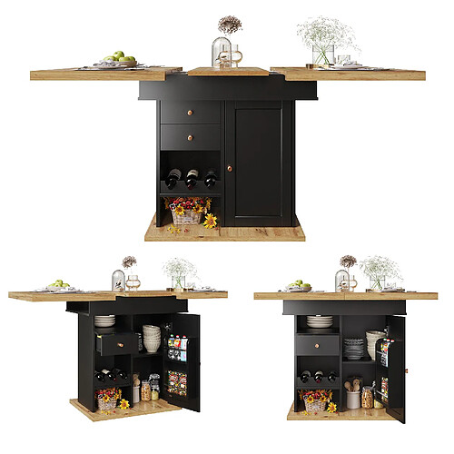 DZMDIP Table à manger extensible 110-140 cm avec tiroir et range-bouteilles 4-6 personnes - Noir