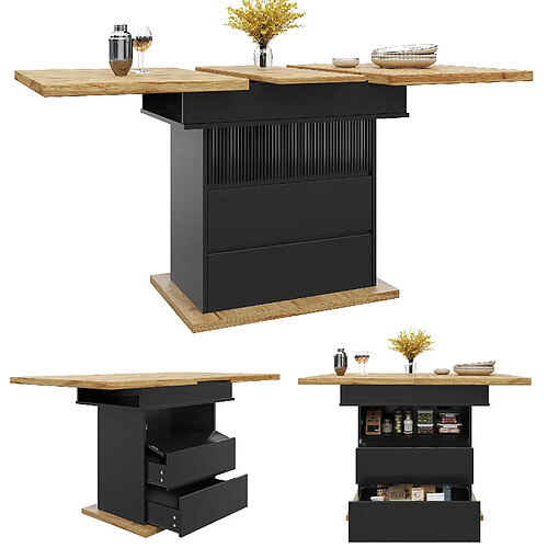 DZMDIP Table à manger extensible 110-140 cm avec 3 étagères et rangement pour 4 à 6 personnes-noir