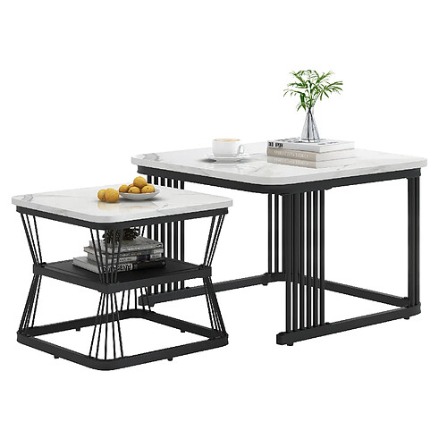 MIVRAY Lot 2 tables d'appoint 65x65x45 et 45x45x39.5 cm brillantes MDF blanc