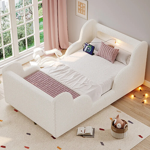Onever Lit enfant rembourré 90x200 cm - barrière sécurité pieds bois - velours blanc