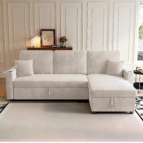 modfu Canapé d'angle convertible 4 places avec rangement, en velours côtelé, beige