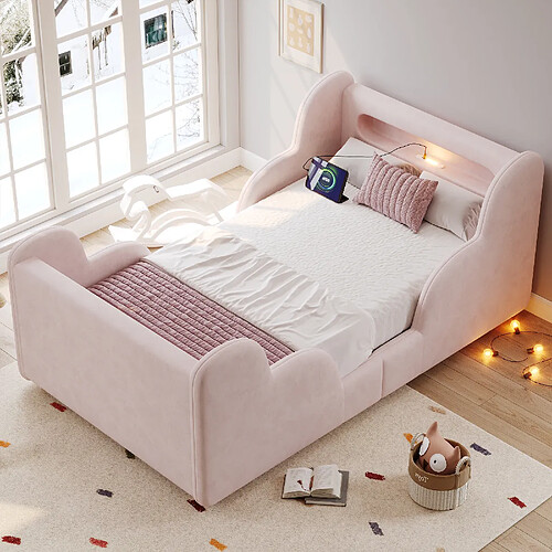 Onever Lit enfant rembourré 90x200 cm - barrière sécurité pieds bois - velours rose