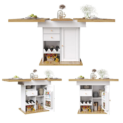 DZMDIP Table à manger extensible 110-140 cm avec tiroir et range-bouteilles 4-6 personnes - Blanc